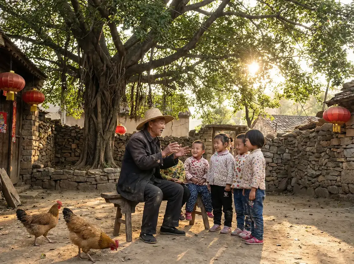 老人在大榕树下给孩子们讲故事 - 图片区 电影区 乡村记忆